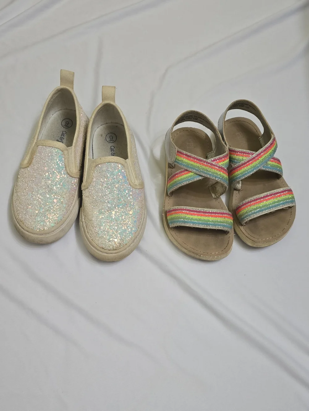 Kids Glitter Slip-On Sneakers and Rainbow Strap Sandals - Cream & Multicolor